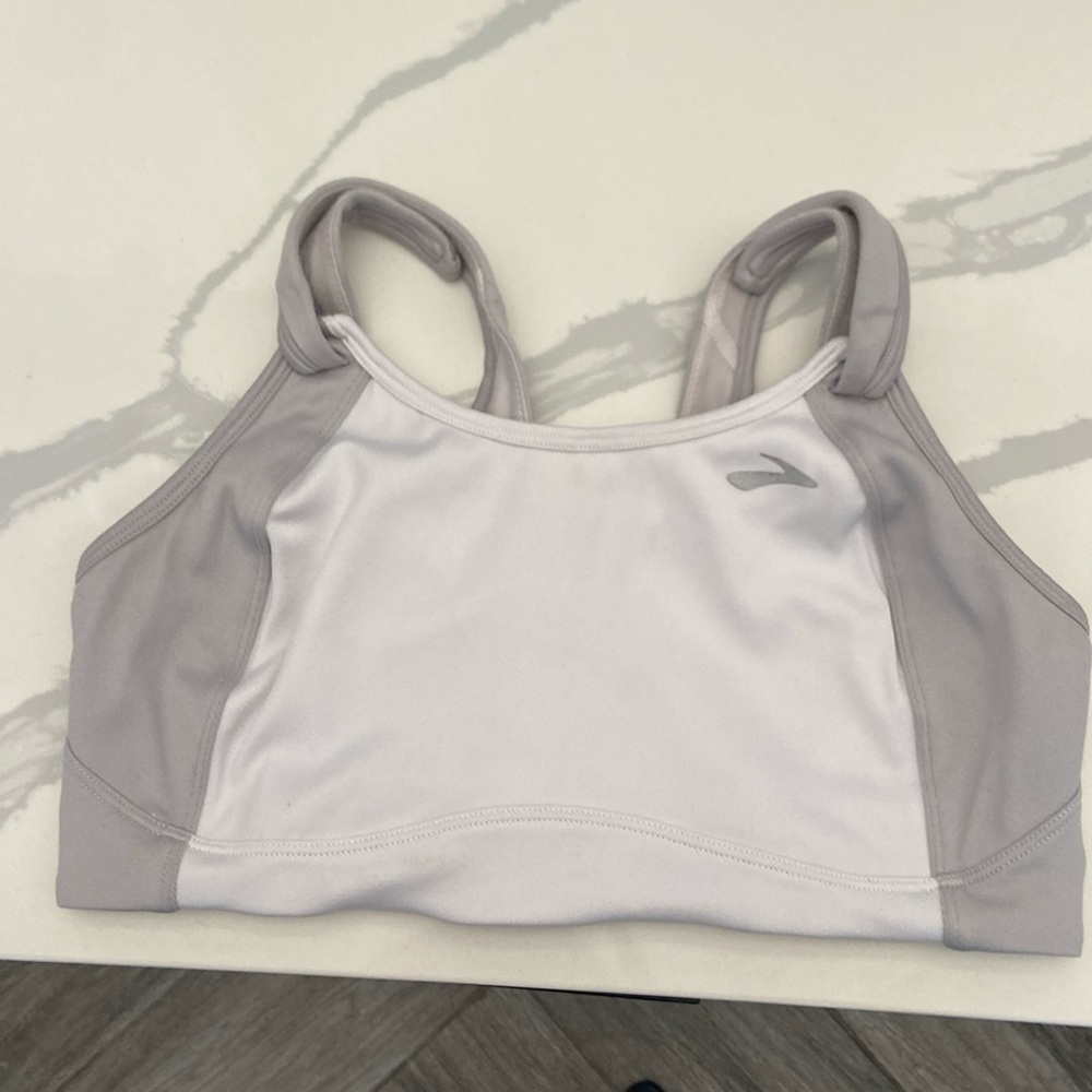 Brooks Sports Bra Women 34D US White Gray Lined Non-padded Adjustable Straps